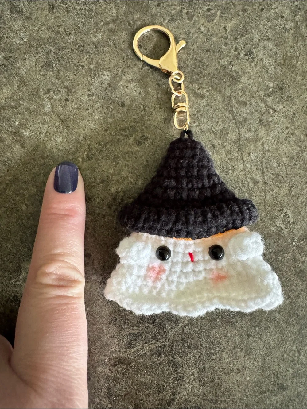 Handmade Crochet Ghost Purse Bag Charm Fob Keychain with Black Hat